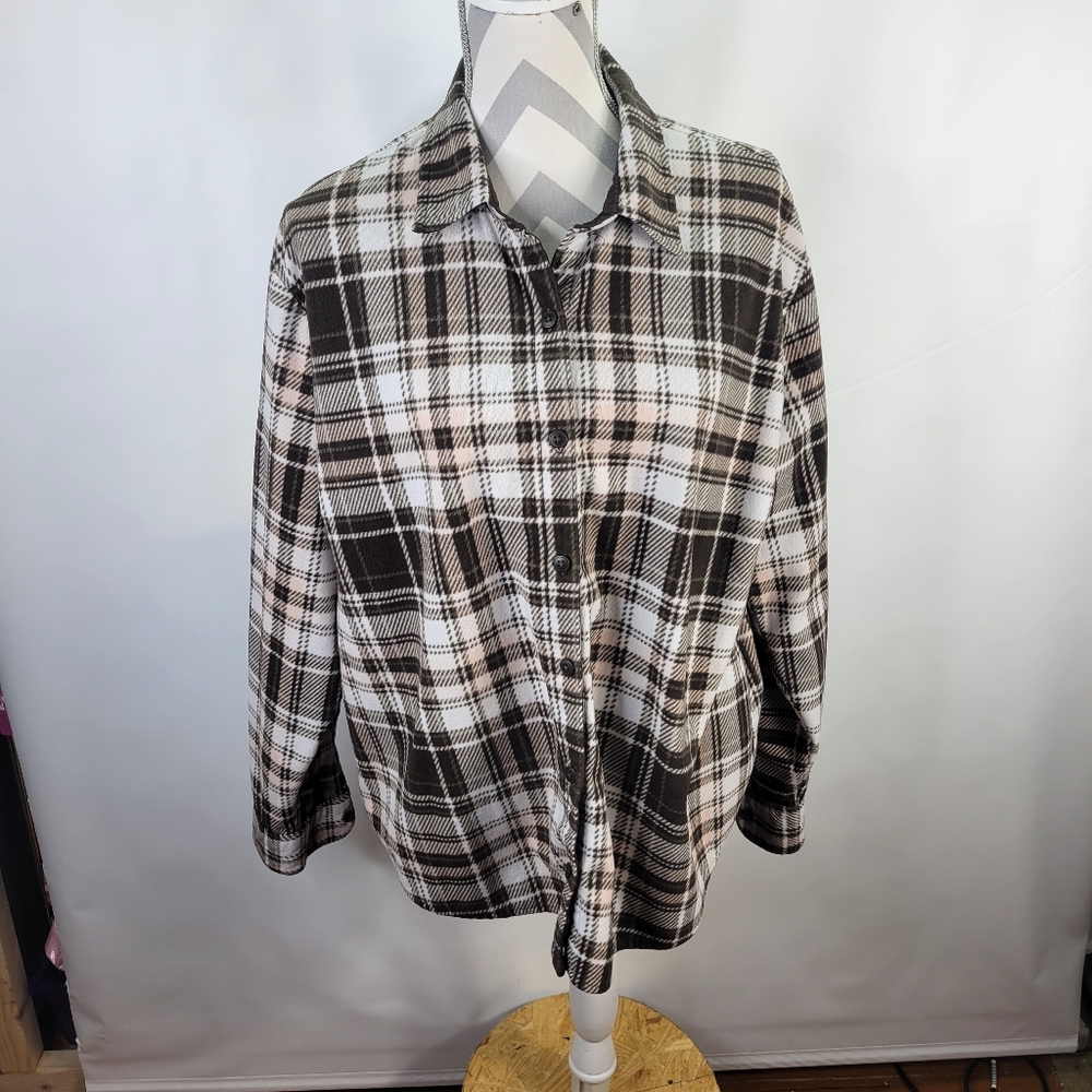Riders by Lee Flannel Button Front Shirt Brown Cream Plaid Size XXL Poly Soft